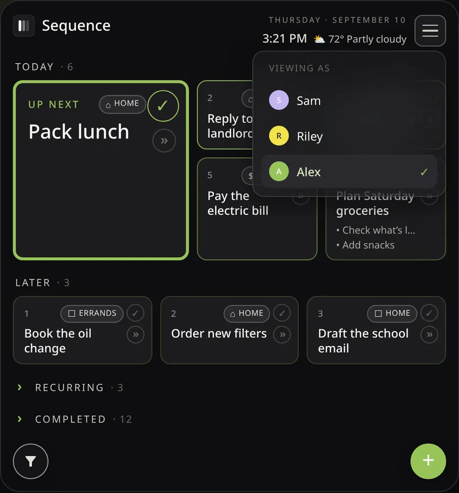 Sequence Viewing as menu showing household members Sam, Riley, and Alex, each with their own color