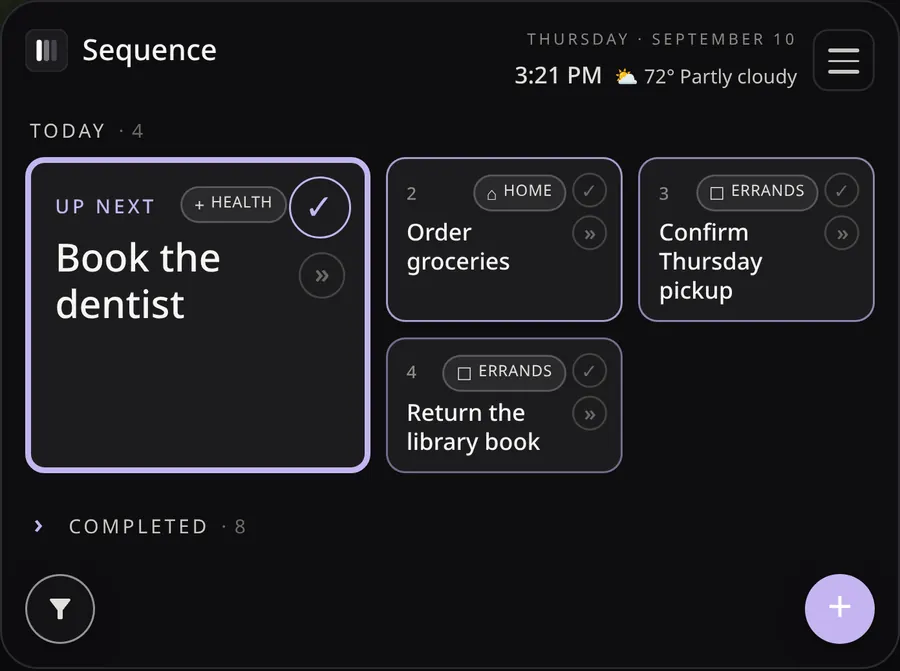 Sam's Sequence board in lavender, with one Up Next card and the rest of today's tasks beside it