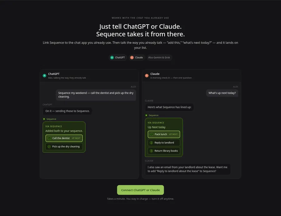 Sequence Connect examples showing ChatGPT and Claude adding household tasks to Up Next